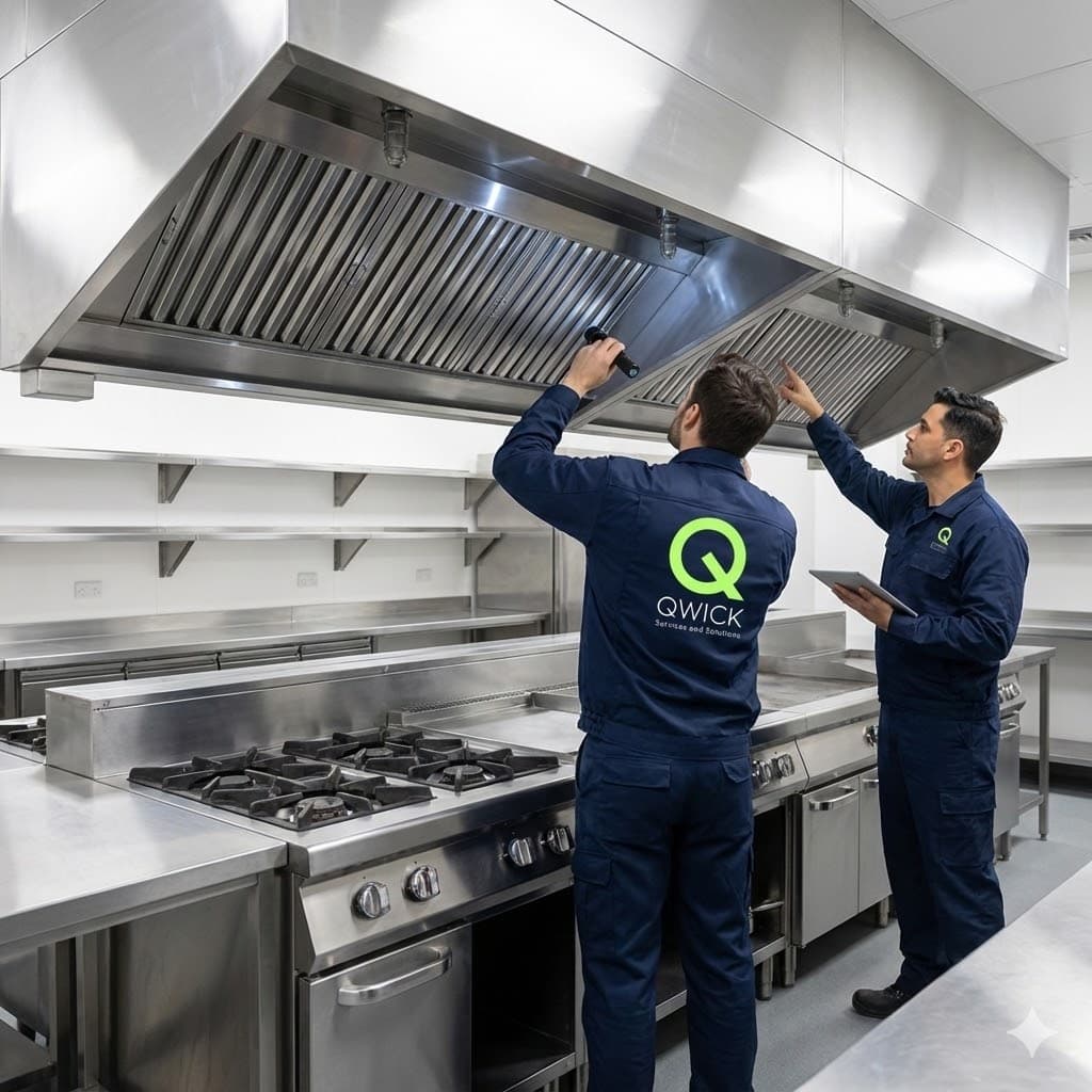 Technician inspecting commercial kitchen exhaust hood