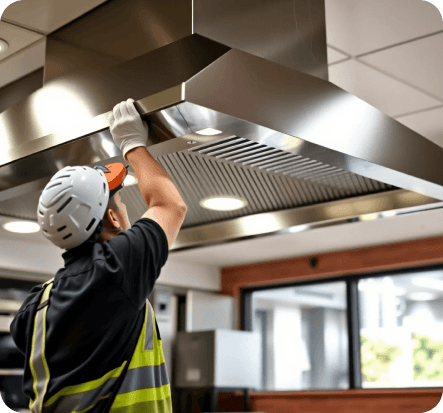 Technician inspecting commercial kitchen exhaust hood