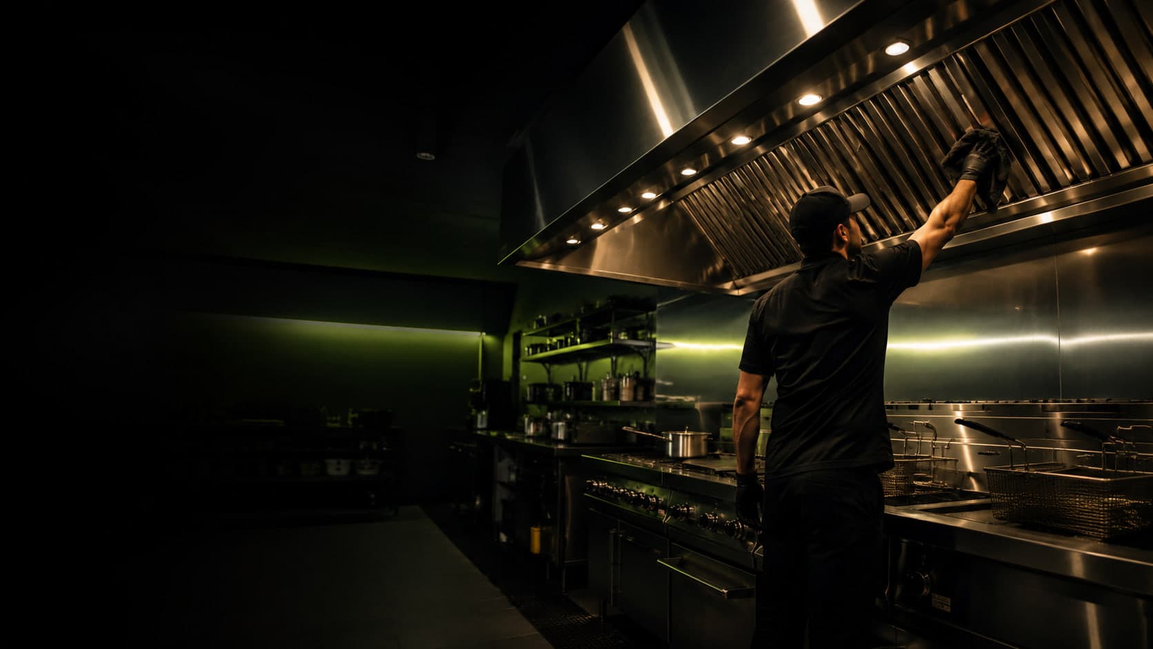 Qwick Services And Solutions technician cleaning the stainless steel exhaust hood in a commercial kitchen