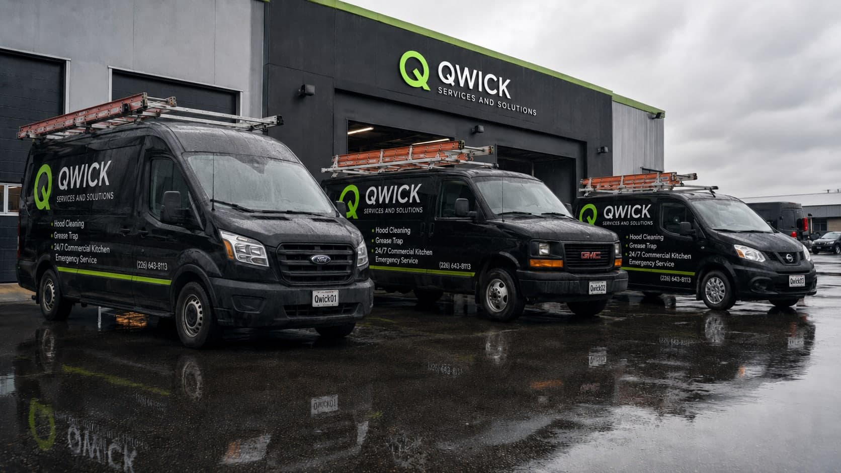 Qwick Services And Solutions branded service vans parked outside the Qwick facility