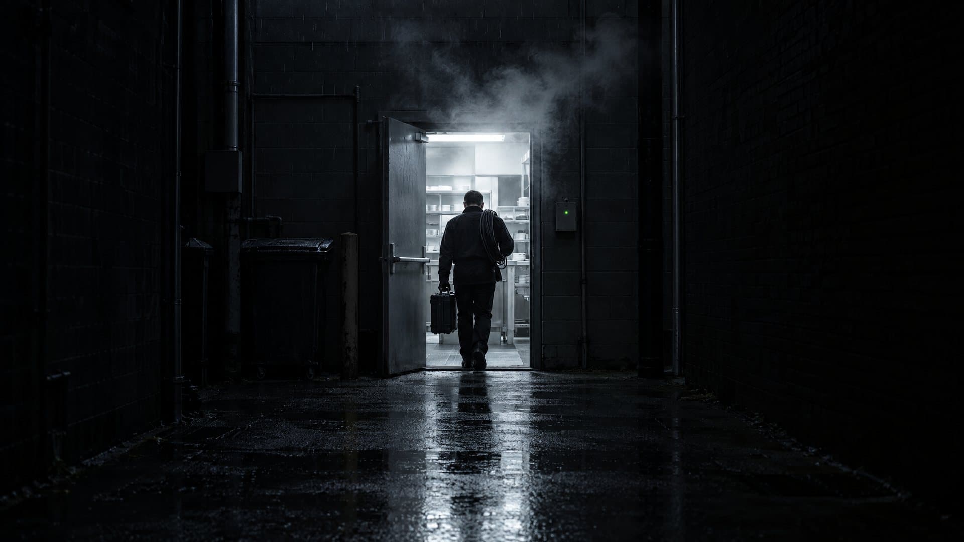 Technician seen from behind entering a lit kitchen through a propped back door at night, parts case in hand, smoke drifting out into the rain