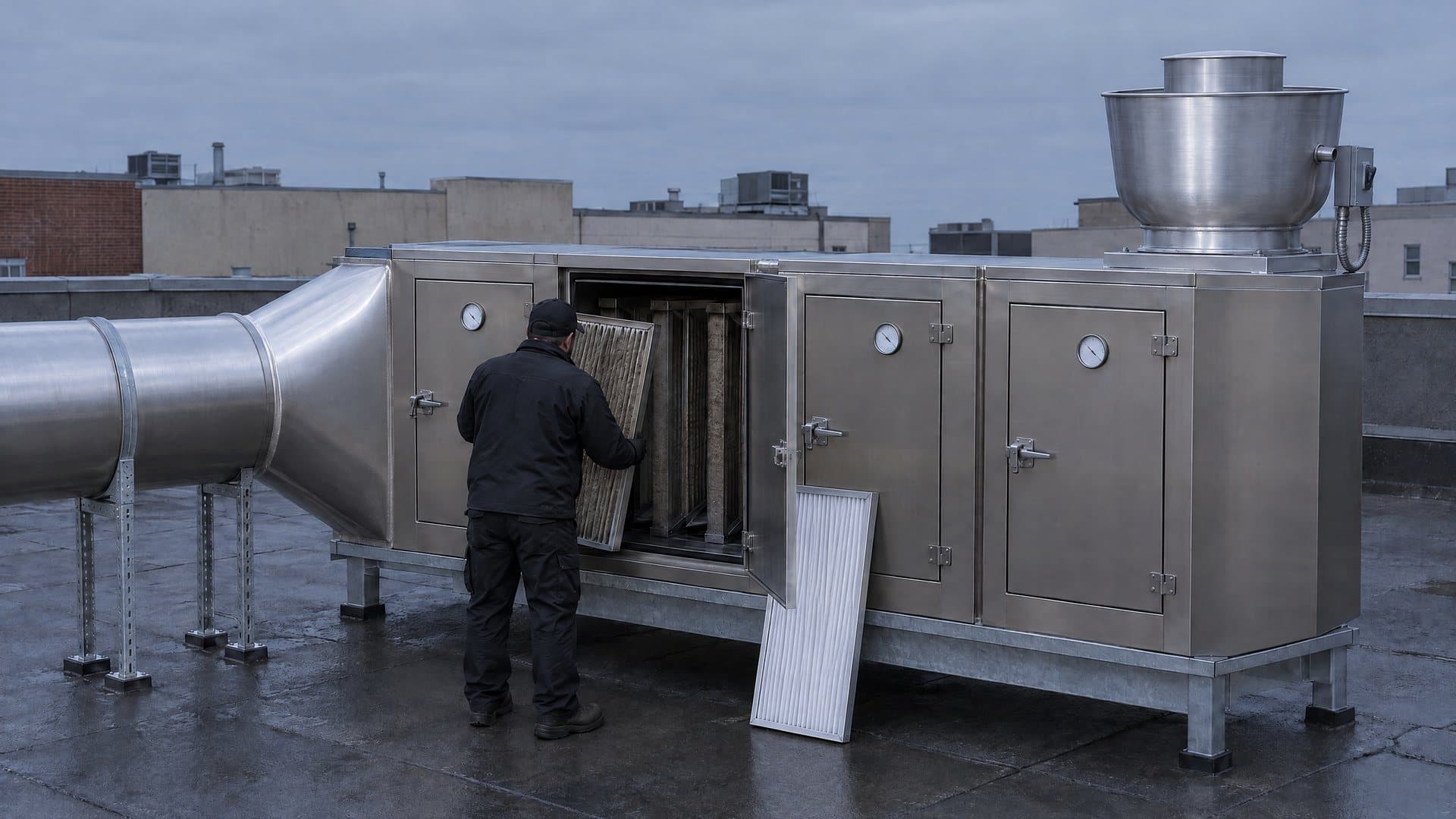 Technician pulling a grease-loaded pleated filter from a rooftop pollution control unit, a clean replacement leaning by the open door and the upblast fan on its discharge end