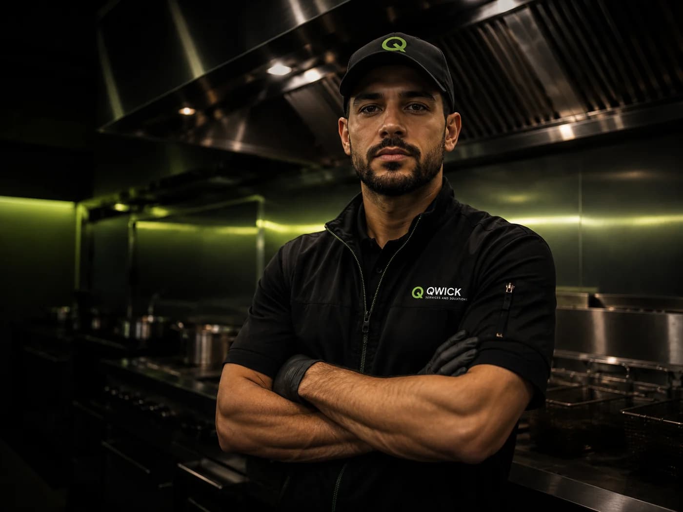 Qwick Services and Solutions technician in a commercial kitchen, ready to perform an on-site pre-lease inspection